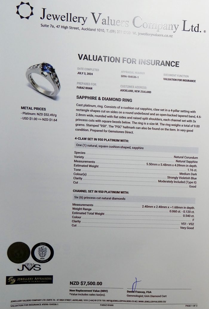 1.16CT CERTIFIED BLUE SAPPHIRE & 0.54CT DIAMONDS SOLID PLATINUM RING
