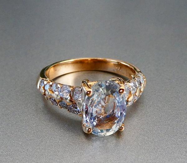2.29CT CERTIFIED 100% NATURAL WHITE SAPPHIRE & DIAMOND 14K SOLID YELLOW GOLD RING