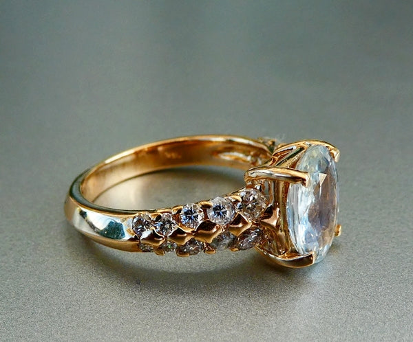 2.29CT CERTIFIED 100% NATURAL WHITE SAPPHIRE & DIAMOND 14K SOLID YELLOW GOLD RING
