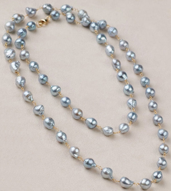 EXCELLENT GENUINE CULTURED SILVER GRAY AKOYA JAPANESE PEARL 925 SILVER NECKLACE 30 INCHES
