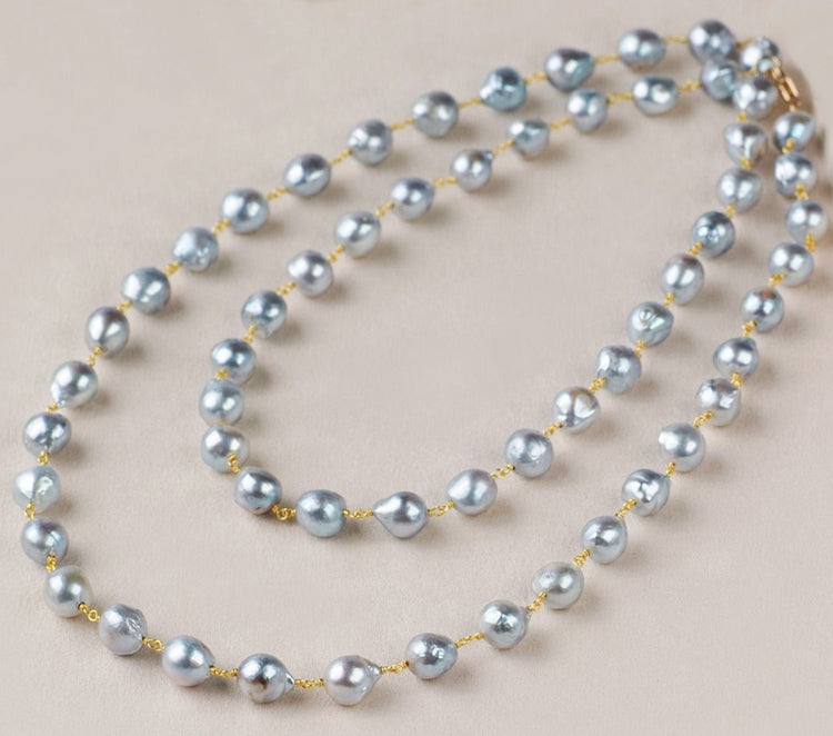 EXCELLENT GENUINE CULTURED SILVER GRAY AKOYA JAPANESE PEARL 925 SILVER NECKLACE 31 INCHES