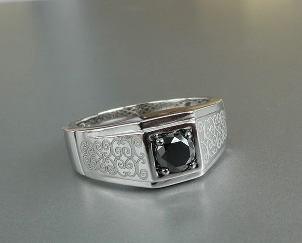 0.55CT NATURAL BLACK DIAMOND MAORI DESIGN 10K SOLID WHITE GOLD RING 6.99gms