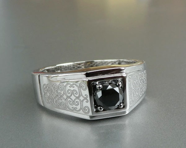 0.55CT NATURAL BLACK DIAMOND MAORI DESIGN 10K SOLID WHITE GOLD RING 6.99gms