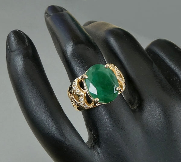 EXCELLENT HUGE 100% NATURAL EMERALD & DIAMOND 14K SOLID YELLOW GOLD RING 9.05grams