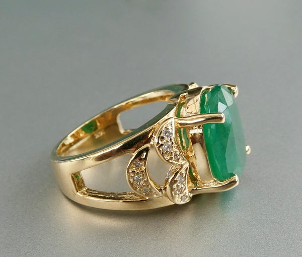 EXCELLENT HUGE 100% NATURAL EMERALD & DIAMOND 14K SOLID YELLOW GOLD RING 9.05grams