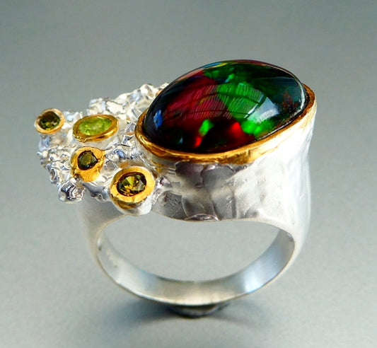 49.00CT UNIQUE DESIGN 7.00CT 100% NATURAL BLACK OPAL CHROME DIOPSIDE 925 STERLING SILVER RING