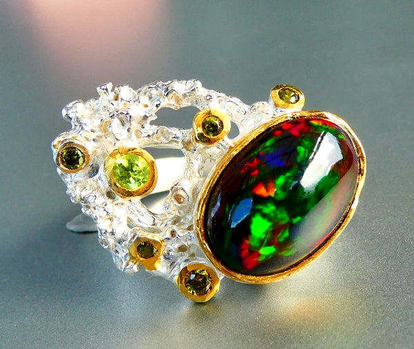 49.00CT UNIQUE DESIGN 7.00CT 100% NATURAL BLACK OPAL CHROME DIOPSIDE 925 STERLING SILVER RING