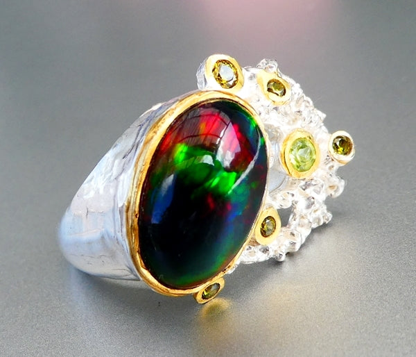49.00CT UNIQUE DESIGN 7.00CT 100% NATURAL BLACK OPAL CHROME DIOPSIDE 925 STERLING SILVER RING