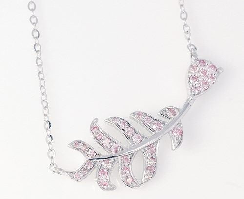 0.30CT NATURAL PINK DIAMOND 10K SOLID WHITE GOLD FERN PENDANT NECKLACE
