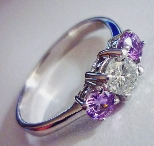 0.36CT CERTIFIED NATURAL DIAMOND & 0.32CT NATURAL PINK SAPPHIRES TRILOGY 18K SOLID WHITE GOLD RING $3200