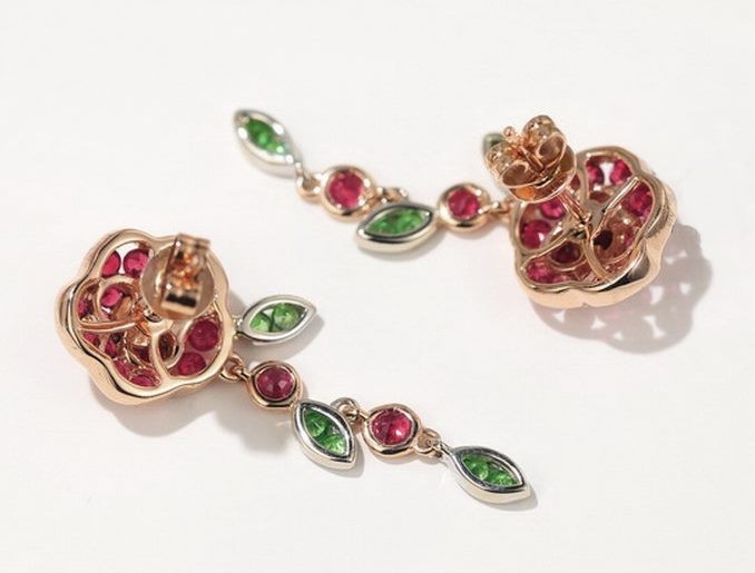 2.08CT NATURAL BURMESE RUBY AND TSAVORITE 9KT SOLID ROSE GOLD EARRINGS