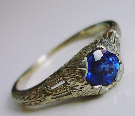 BEAUTIFUL ANTIQUE ART DECO SOLITAIRE BLUE SAPPHIRE 18K SOLID WHITE GOLD RING