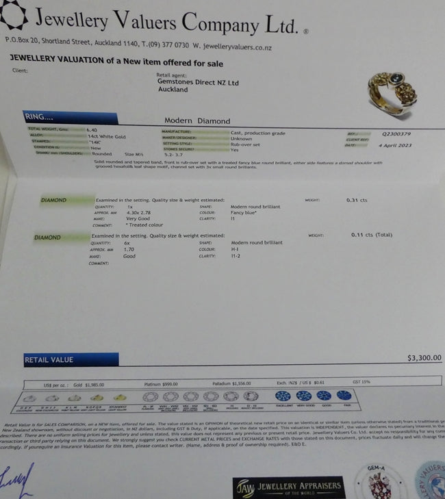 0.42CT CERTIFIED ART DECO NATURAL BLUE & WHITE DIAMOND 14K SOLID GOLD RING 6.4gr