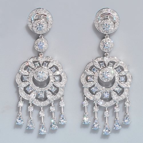 4.08 CT まばゆいホワイト & ブルー ダイヤモンド 10KT ソリッド ホワイト ゴールド イヤリング