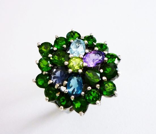 42.50CT STUNNING CHROME DIOPSIDE AMETHYST IOLITE TOPAZ 925 SILVER RING