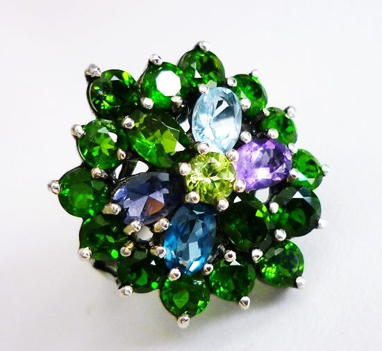 42.50CT STUNNING CHROME DIOPSIDE AMETHYST IOLITE TOPAZ 925 SILVER RING