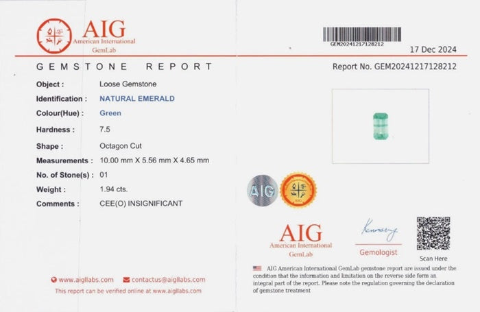 1.94CT CERTIFIED UNHEATED EXCELLENT OCTAGON 100% NATURAL GREEN COLUMBIAN EMERALD