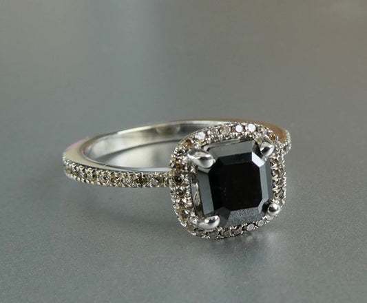 2.20CT NATURAL BLACK &amp; COGNAC DIAMOND 14K SOLID WHITE GOLD RING