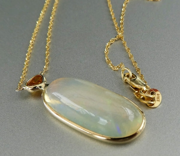 7.50CT SPLENDID UNHEATED 100% NATURAL OPAL & 0.25CT DIAMOND 14K SOLID YELLOW GOLD PENDANT NECKLACE
