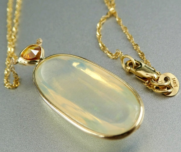 7.50CT SPLENDID UNHEATED 100% NATURAL OPAL & 0.25CT DIAMOND 14K SOLID YELLOW GOLD PENDANT NECKLACE