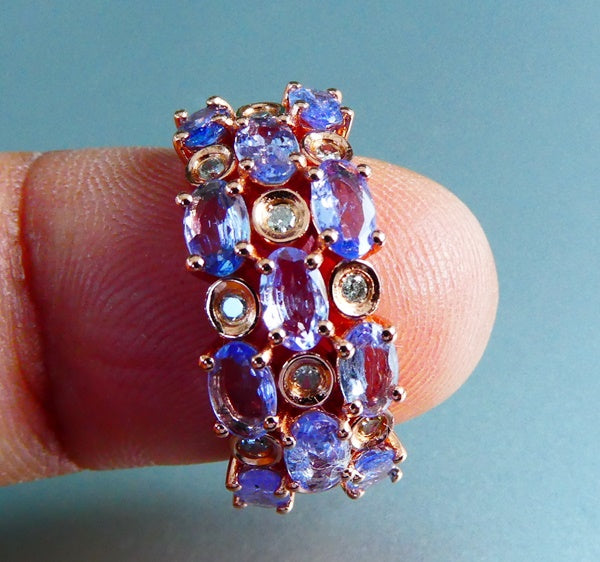 16.55CT BEAUTIFUL 100% NATURAL VIOLET BLUE TANZANITE & DIAMONDS 925 SILVER RING