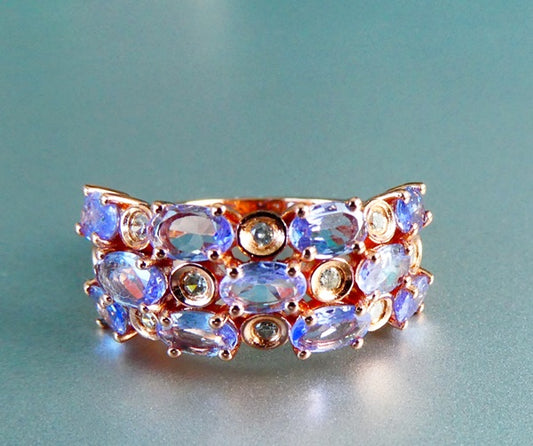 16.55CT BEAUTIFUL 100% NATURAL VIOLET BLUE TANZANITE & DIAMONDS 925 SILVER RING