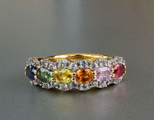STUNNING NATURAL MULTI-COLOUR SAPPHIRE & WHITE TOPAZ 925 SILVER RI ...