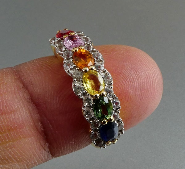 STUNNING NATURAL MULTI-COLOUR SAPPHIRE &amp; WHITE TOPAZ 925 SILVER RING