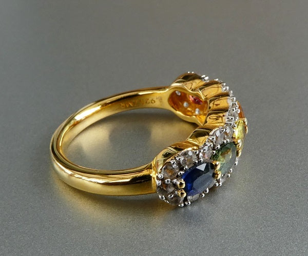 STUNNING NATURAL MULTI-COLOUR SAPPHIRE &amp; WHITE TOPAZ 925 SILVER RING