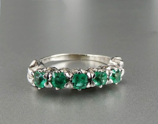 ANTIQUE BEAUTIFUL 100% NATURAL EMERALD 14K SOLID WHITE GOLD RING