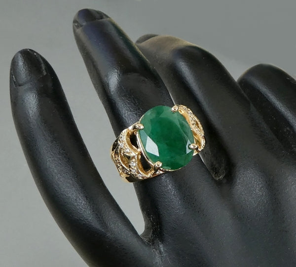 EXCELLENT HUGE 100% NATURAL CERTIFIED EMERALD & DIAMOND 14K SOLID YELLOW GOLD RING 9.05grams