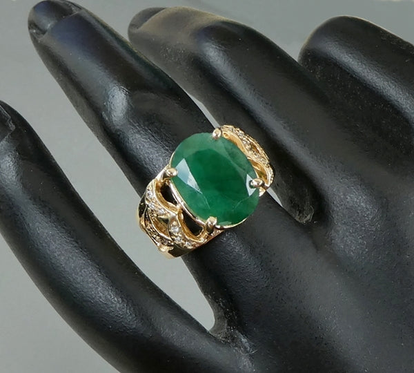 EXCELLENT HUGE 100% NATURAL CERTIFIED EMERALD & DIAMOND 14K SOLID YELLOW GOLD RING 9.05grams