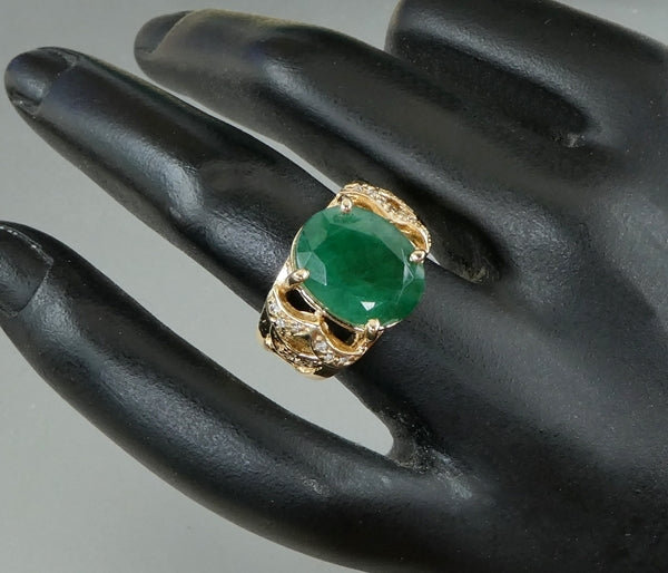 EXCELLENT HUGE 100% NATURAL CERTIFIED EMERALD & DIAMOND 14K SOLID YELLOW GOLD RING 9.05grams