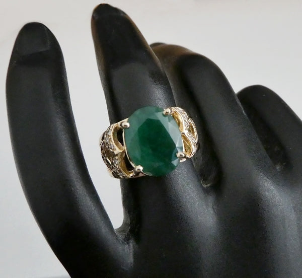 EXCELLENT HUGE 100% NATURAL CERTIFIED EMERALD & DIAMOND 14K SOLID YELLOW GOLD RING 9.05grams