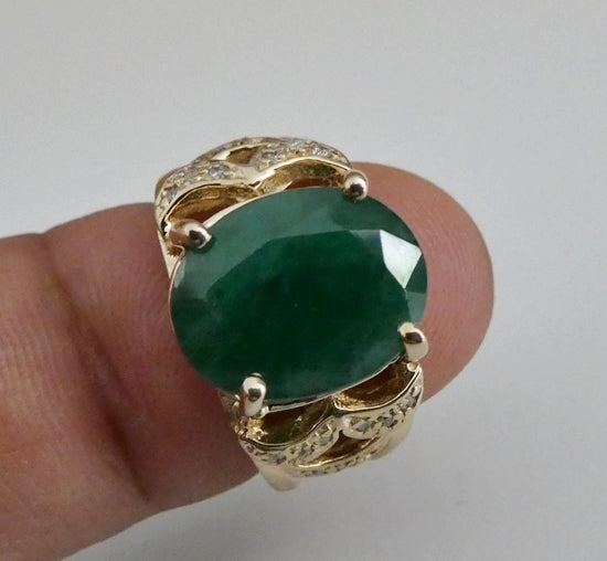 EXCELLENT HUGE 100% NATURAL CERTIFIED EMERALD & DIAMOND 14K SOLID YELLOW GOLD RING 9.05grams