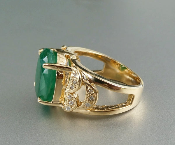 EXCELLENT HUGE 100% NATURAL CERTIFIED EMERALD & DIAMOND 14K SOLID YELLOW GOLD RING 9.05grams