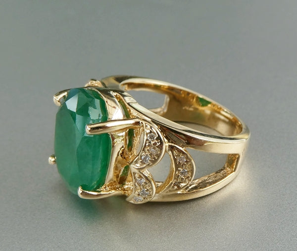EXCELLENT HUGE 100% NATURAL CERTIFIED EMERALD & DIAMOND 14K SOLID YELLOW GOLD RING 9.05grams