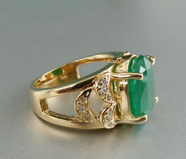 EXCELLENT HUGE 100% NATURAL CERTIFIED EMERALD & DIAMOND 14K SOLID YELLOW GOLD RING 9.05grams