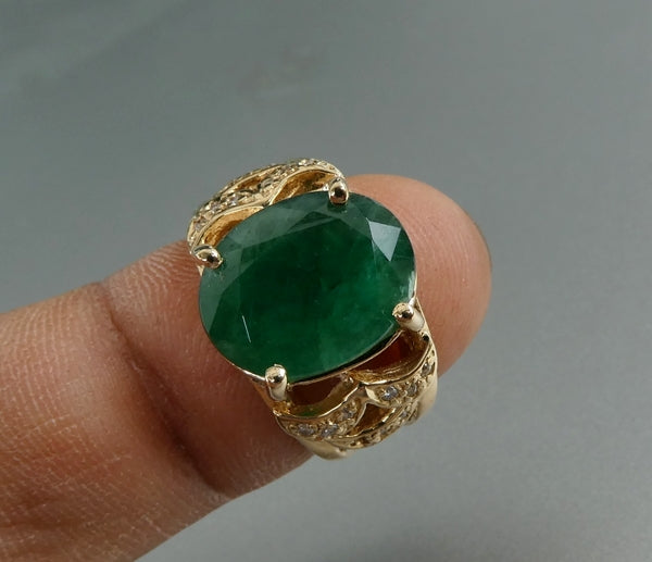 EXCELLENT HUGE 100% NATURAL CERTIFIED EMERALD & DIAMOND 14K SOLID YELLOW GOLD RING 9.05grams