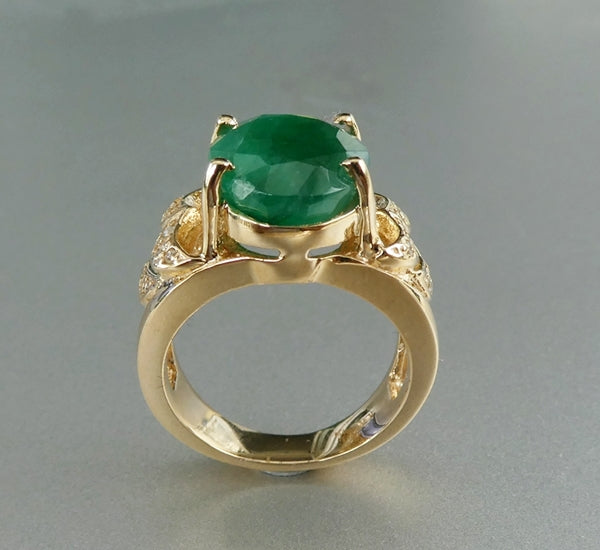 EXCELLENT HUGE 100% NATURAL CERTIFIED EMERALD & DIAMOND 14K SOLID YELLOW GOLD RING 9.05grams