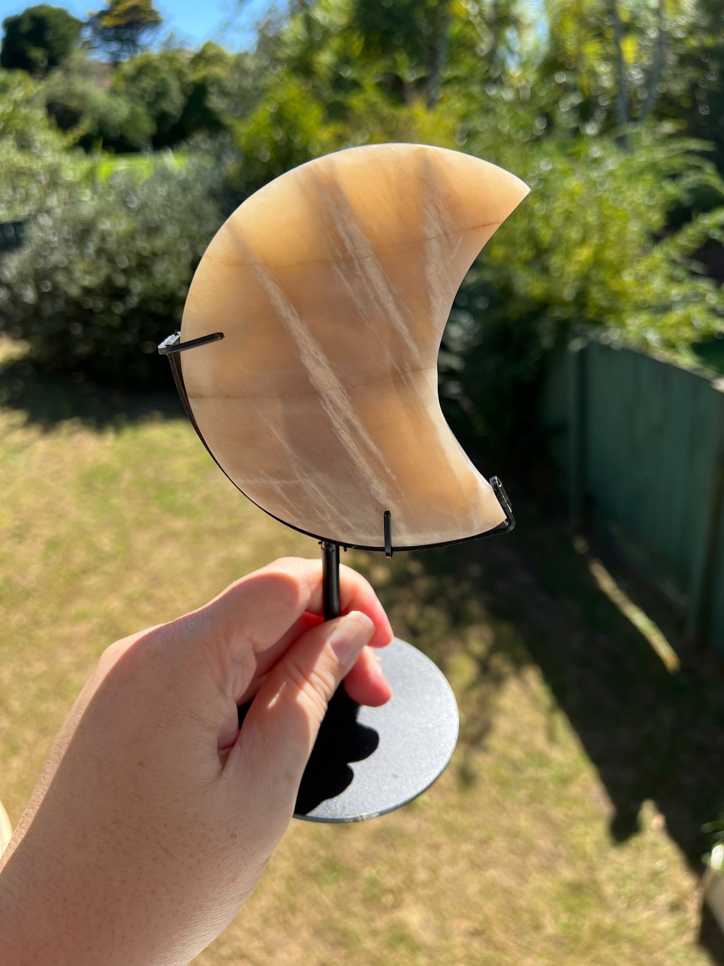 BEAUTIFUL FLASH MOONSTONE MOON SHAPE WITH STAND 348G