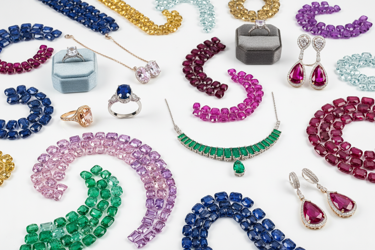 A LARGE ASSORTMENT OF GEMSTONES AND JEWELLERY ON A WHITE SURFACE