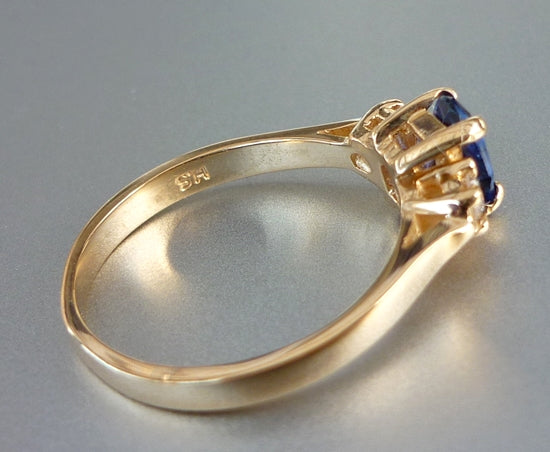 CERTIFIED BEAUTIFUL NATURAL BLUE SAPPHIRE & DIAMOND 14K SOLID YELLOW GOLD RING