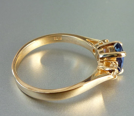 CERTIFIED BEAUTIFUL NATURAL BLUE SAPPHIRE & DIAMOND 14K SOLID YELLOW GOLD RING