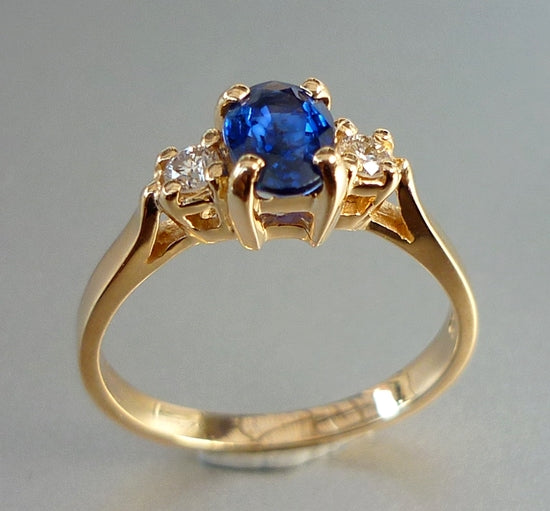 CERTIFIED BEAUTIFUL NATURAL BLUE SAPPHIRE & DIAMOND 14K SOLID YELLOW GOLD RING