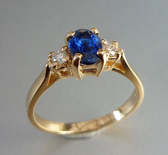 CERTIFIED BEAUTIFUL NATURAL BLUE SAPPHIRE & DIAMOND 14K SOLID YELLOW GOLD RING