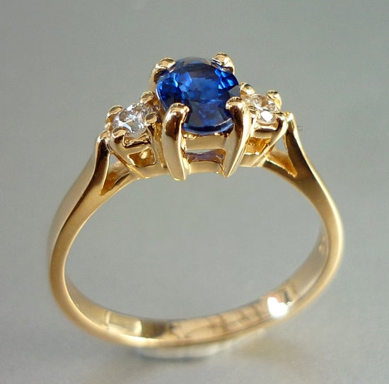 CERTIFIED BEAUTIFUL NATURAL BLUE SAPPHIRE & DIAMOND 14K SOLID YELLOW GOLD RING