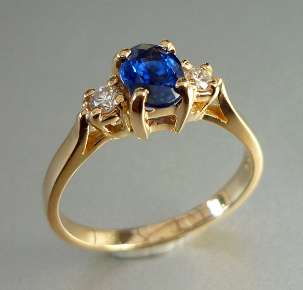 CERTIFIED BEAUTIFUL NATURAL BLUE SAPPHIRE & DIAMOND 14K SOLID YELLOW GOLD RING
