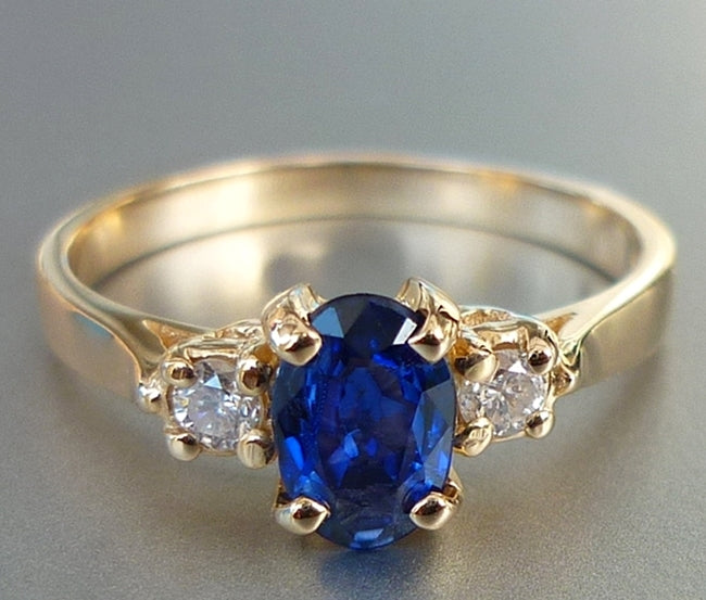 CERTIFIED BEAUTIFUL NATURAL BLUE SAPPHIRE & DIAMOND 14K SOLID YELLOW GOLD RING