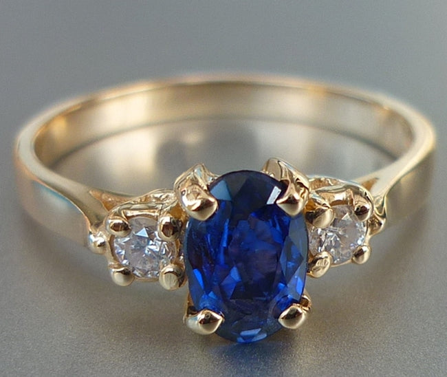CERTIFIED BEAUTIFUL NATURAL BLUE SAPPHIRE & DIAMOND 14K SOLID YELLOW GOLD RING